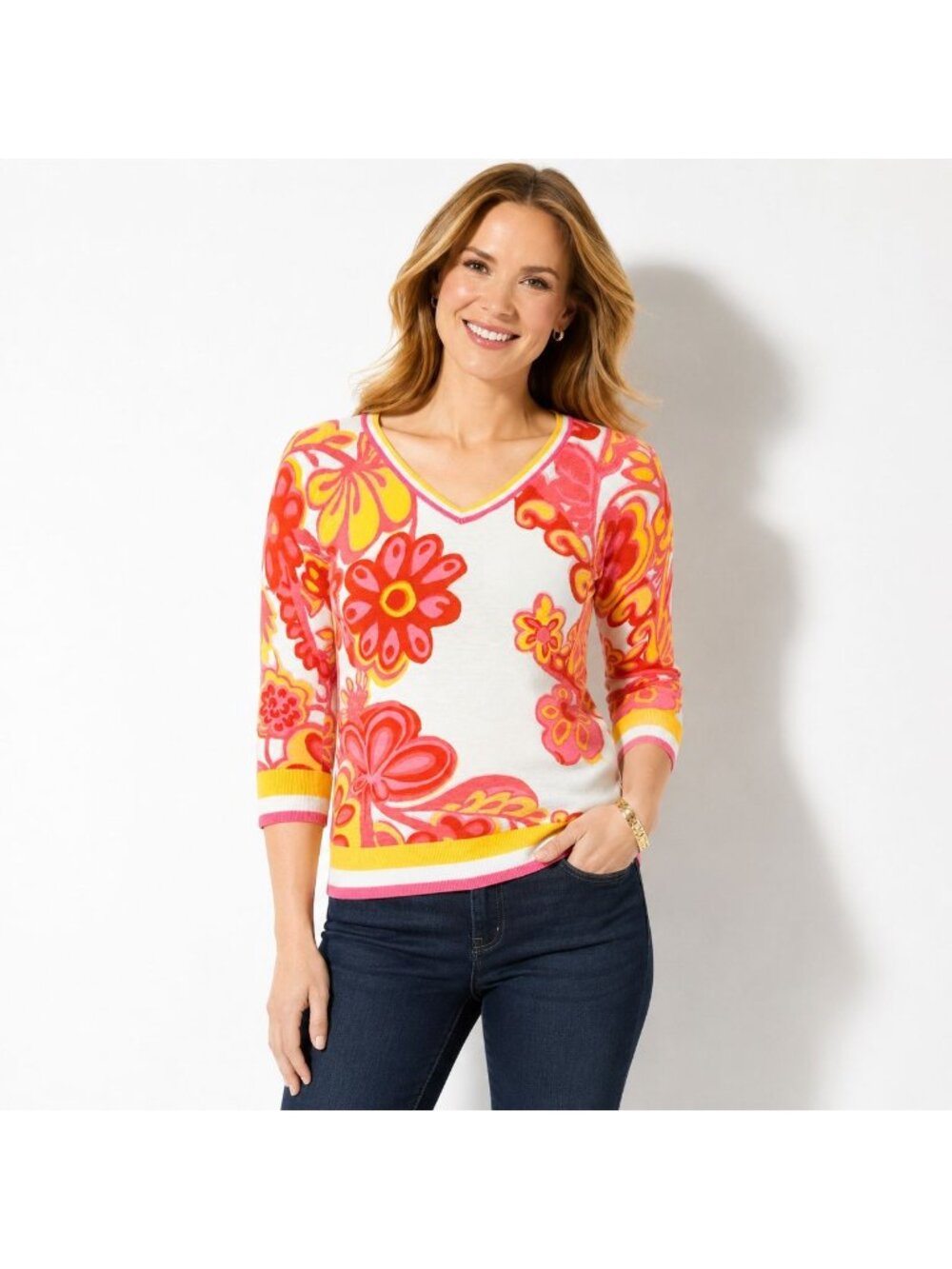 Talbots Women V-Neck Pullover Groovy Floral Pink Yellow 3/4 Sleeve Cotton Size M